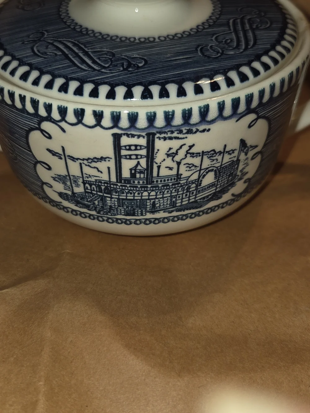 VTG Royal CURRIER & IVES BLUE Steamboat Ctr SUGAR BOWL & LID